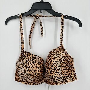 Victoria's Secret Bikini Top 40C Brown Cream Leopard Print Padded‎ Swimwear NEW